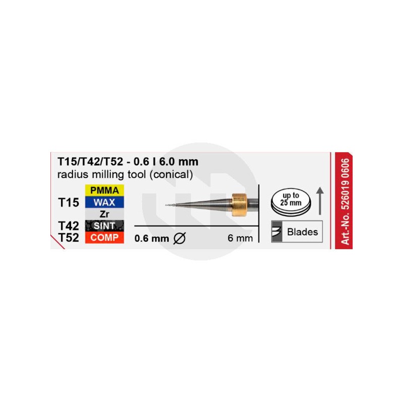 Freza Zr/PMMA/Wax 0,6 x 6,0 mm T15/T42/T52, Imes-Icore